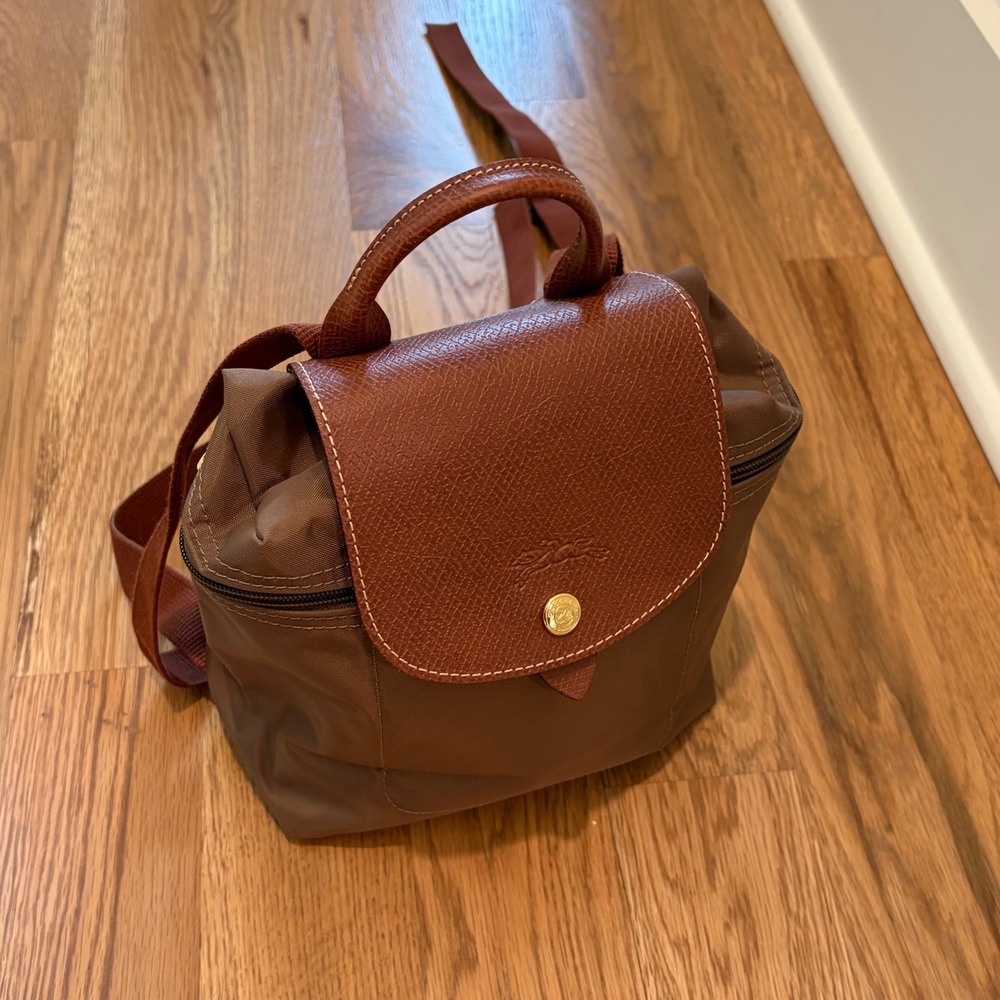 Longchamp Le Pliage Mini Backpack Brown Nylon Leather Trim Gold Hardware France